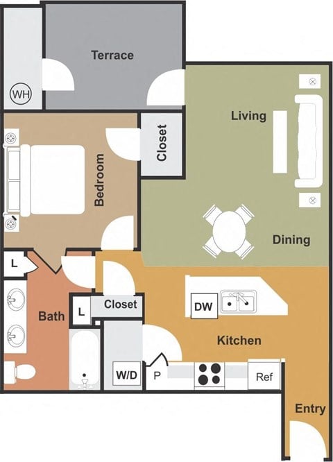 Floor plan for 1 bed, 1 bath, 886 sqft